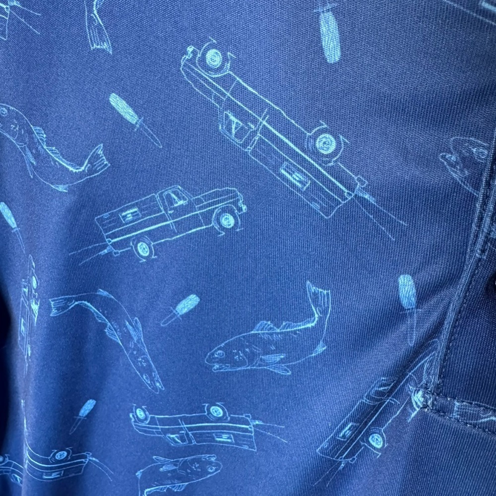 Huk Fishing Polo Hewes Boats Mens S NEW Blue Fish Wagon All Over Geometric Print - Picture 6 of 11